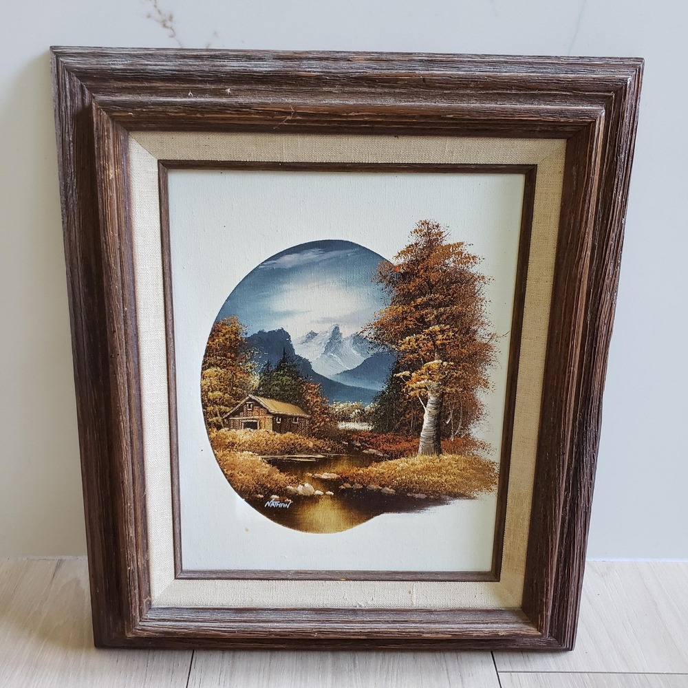 Vintage Martin‎ Mountain Cabin Autumn Oil Painting Canvas 13x16 Nathan Signed